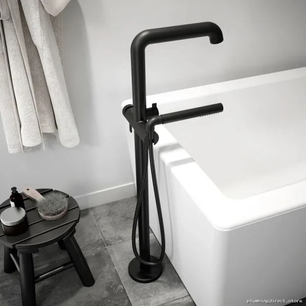 Pressure Balanced Floor-Mount Tub Fillers w/Hand Shower in Matte Black