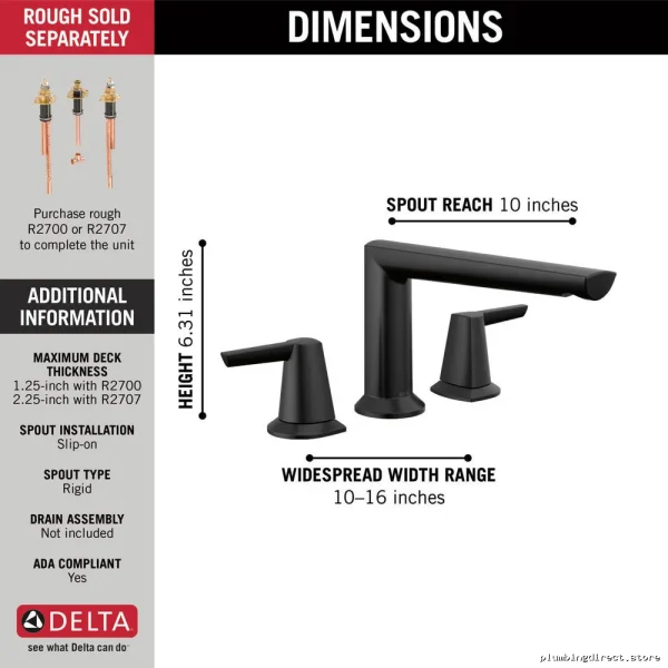 Premium Matte Black 3-Hole Roman Tub Faucet Trim - Galeon T2771-BL Delta - Image 4