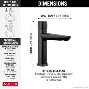 Galeon Matte Black Pop-Up Drain Single-Hole Bathroom Faucet 573-BLMPU-DST Delta