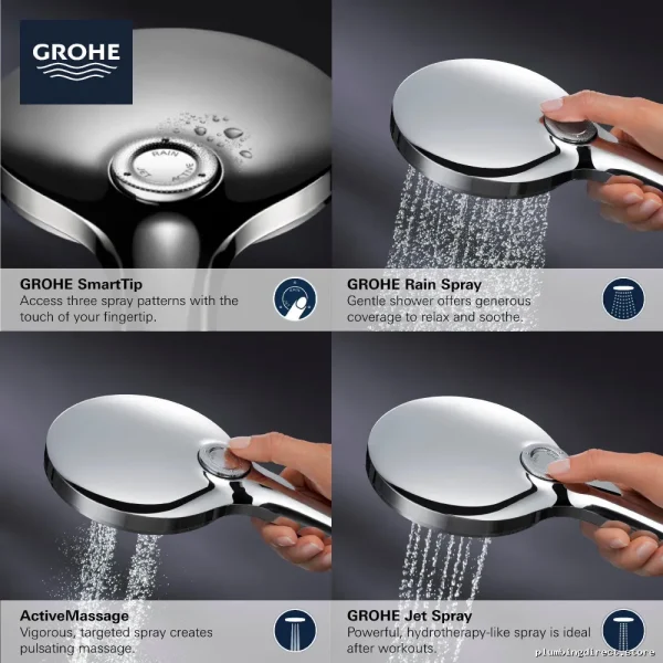Grohe Brushed Nickel 3-Spray SmartActive Handheld Showerhead - Image 5
