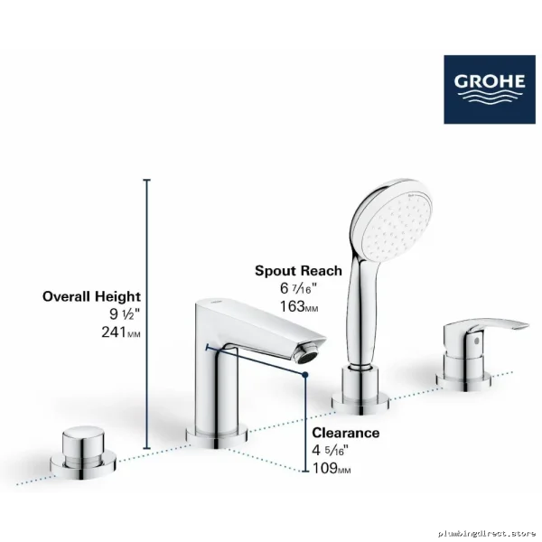 Grohe Chrome Roman Tub Faucet with Hand Shower 4-Hole Trim 25245003 - Image 2