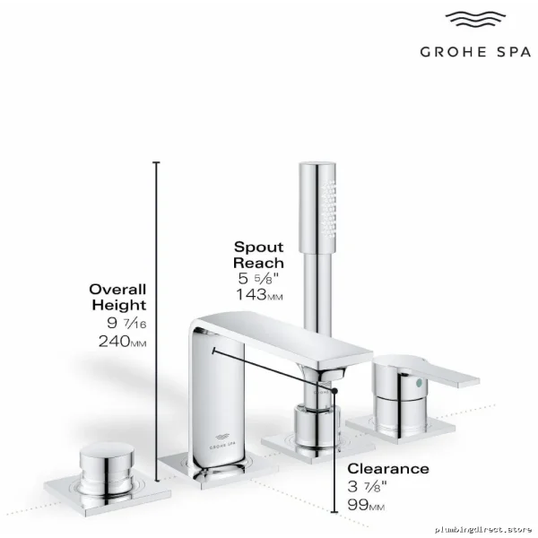 Chrome 4-Hole Roman Tub Filler Trim with Hand Shower Grohe - Image 4