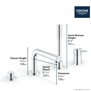 Grohe Concetto Brushed Cool Sunrise Tub Filler Trim 4-Hole with Handheld Shower