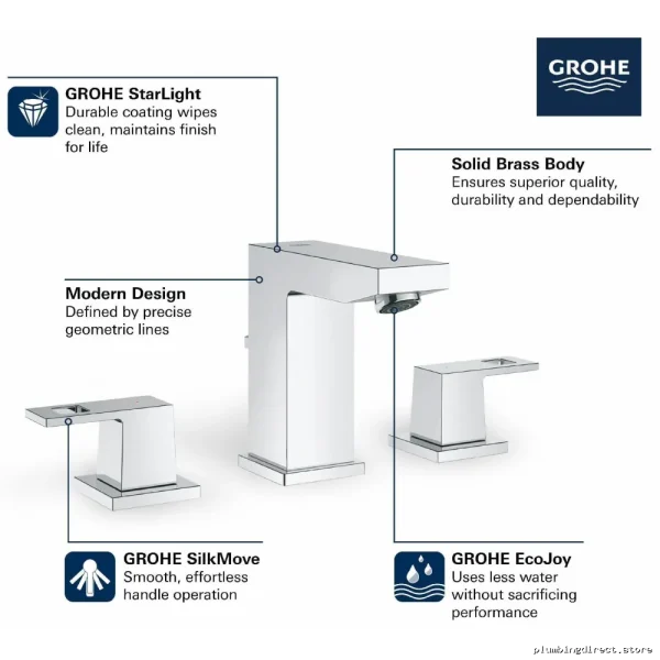 Eurocube Cool Sunrise Brushed Widespread Bathroom Faucet | Grohe Model 20370GNA - Image 3