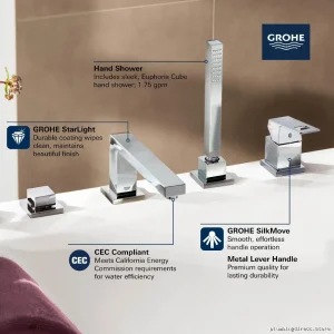 Grohe Eurocube 4-Hole Roman Tub Fill & Hand Shower Trim in Brushed Nickel