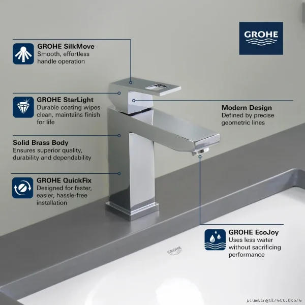 Grohe Eurocube Single Hole Bathroom Faucet - Chrome Finish, Modern Design 23670000 - Image 2