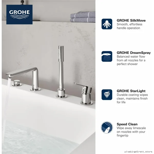 Grohe Lineare 4-Hole Roman Tub Filler Trim with Handheld Shower in Brushed Nickel - Image 2