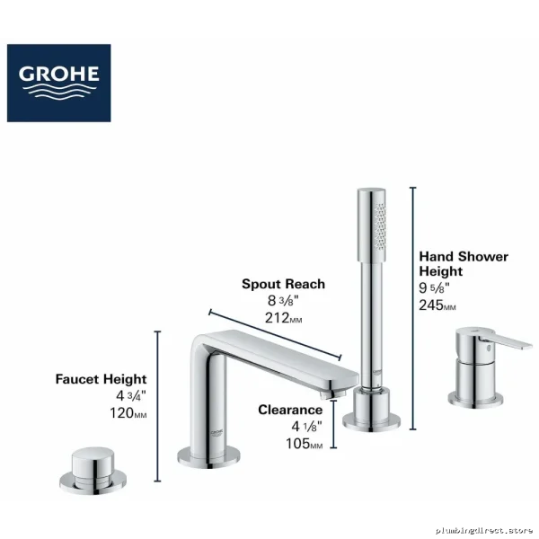 Grohe Lineare 4-Hole Roman Tub Filler Trim with Handheld Shower in Brushed Nickel - Image 4