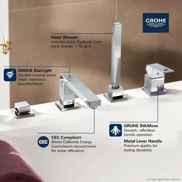 Grohe Roman-Style Tub Filler Kit w/Handheld Shower & Brushed Cool Sunrise Finish - Image 2