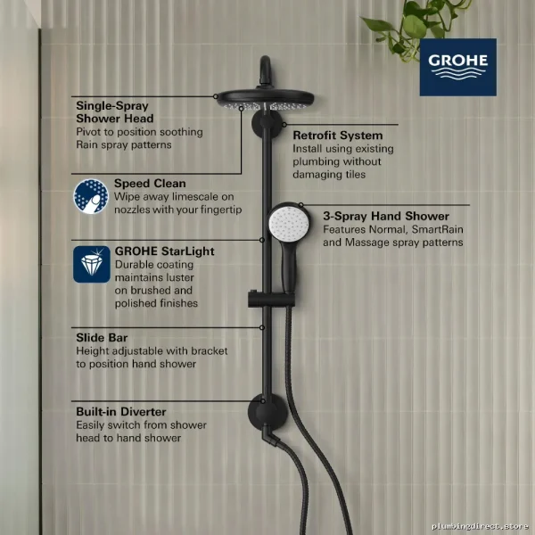 Grohe Tempesta Chrome Shower Head Set with Handheld & Adjustable Slide Bar - Image 3