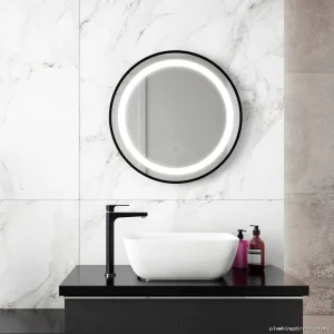Kalia 24-Inch Illuminated Round Bathroom Mirror with Black Framed LED Lighting MR1781-570-001