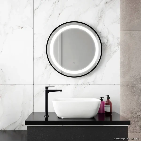 Kalia 24-Inch Illuminated Round Bathroom Mirror with Black Framed LED Lighting MR1781-570-001