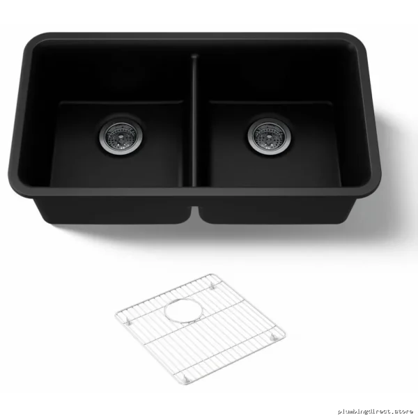 Kohler Cairn Two Bowl Undermount Kitchen Sink in Matte Black - Durable Neoroc Material | Model #8199-CM - Image 2