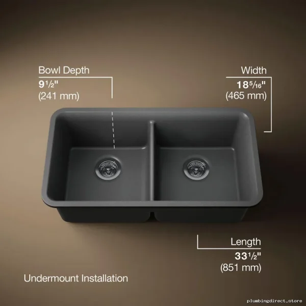 Kohler Cairn Undermount Double Bowl Neoroc Kitchen Sink with Rack - Matte Graphite 33-1/2 - Image 3