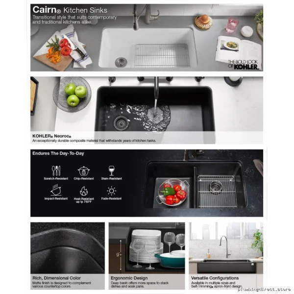 Kohler Cairn Undermount Double Bowl Neoroc Kitchen Sink with Rack - Matte Graphite 33-1/2