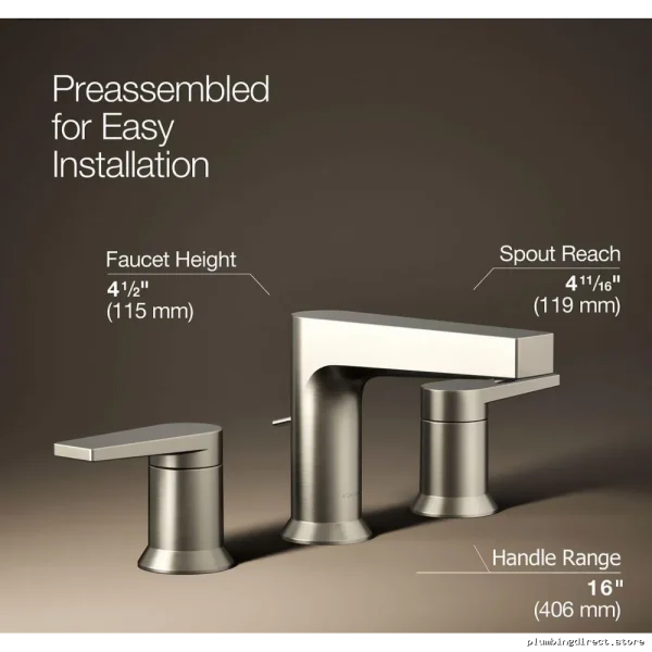 Kohler Taut Widespread Bathroom Faucet - Modern Brushed Nickel Finish Model 97100-4-BN - Image 2