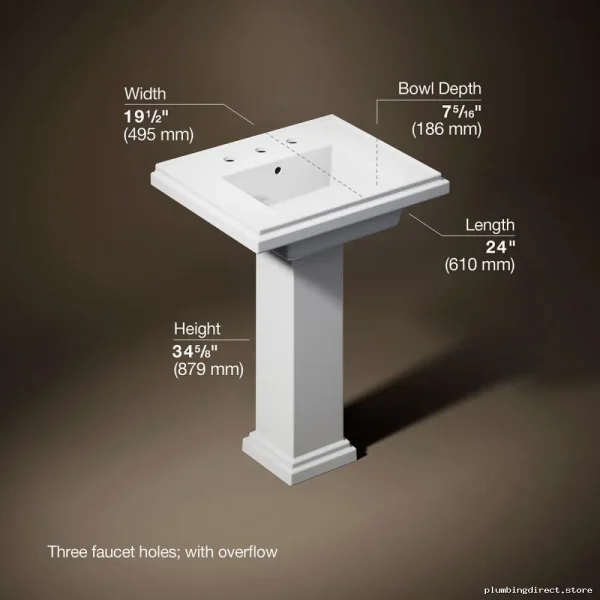 Tresham Modern 24 Inch White Bathroom Pedestal Sink - Model 2844-8-0 Kohler - Image 3