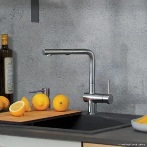 Kitchen Faucet with Pull-Out Spray, PVD Steel Finish - Linus 526366 Blanco