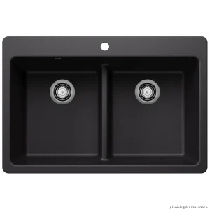 Liven 33 Dual Mount Silgranit Kitchen Sink - Two Bowl Low Divider Design in Coal Black (Model #403634) by Blanco