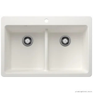 Liven 33 Inch Dual Mount Low Divide 2 Bowl Silgranit Kitchen Sink - White