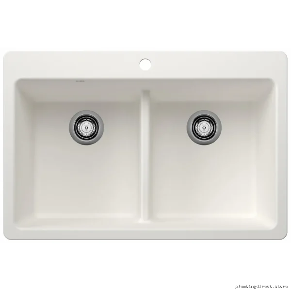 Liven 33 Inch Dual Mount Low Divide 2 Bowl Silgranit Kitchen Sink - White