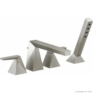 Roman Tub Faucet with Hand Shower & 4-Hole Trim in Lumicoat Stainless Steel