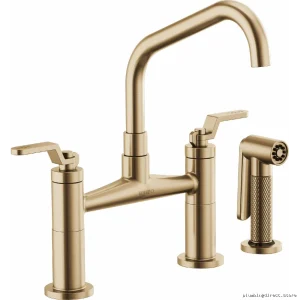 Luxe Gold Brizo Litze Bridge Faucet: Industrial Handle, Angled Spout Design
