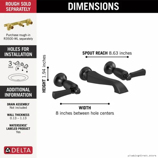 Dorval Lever Handle Bathroom Wall Mount Faucet Trim - Matte Black T3556LF-BLWL - Image 2