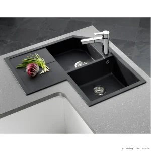 Metra 9E 2 Bowl Corner Silgranit Sink w/ Drainboard - Premium Anthracite White