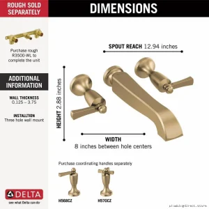 Delta Dorval T5756-CZLHP-WL Modern 2-Handle Wall Mount Tub Filler Trim - Champagne Bronze