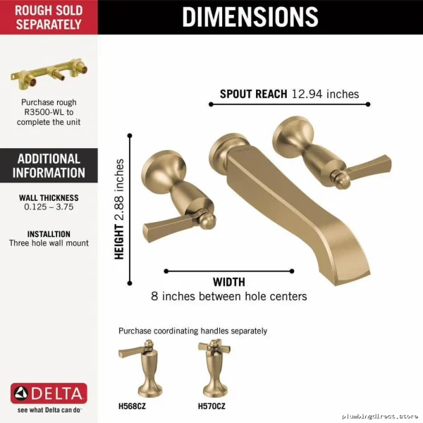 Delta Dorval T5756-CZLHP-WL Modern 2-Handle Wall Mount Tub Filler Trim - Champagne Bronze