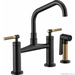 Modern Bridge Kitchen Faucet Angled Spout & Knurld Handle Matte Black Luxe Gold