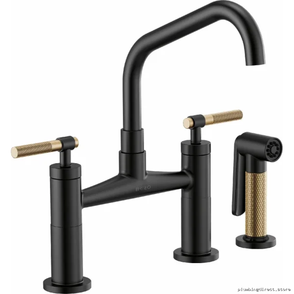 Modern Bridge Kitchen Faucet Angled Spout & Knurld Handle Matte Black Luxe Gold