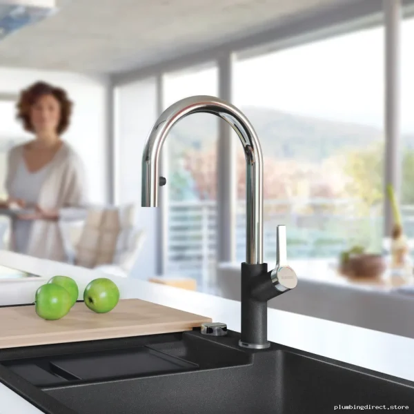 Modern High-Arc Kitchen Faucet with Pull-Down Spray - Urbena Chrome/Anthracite 526392 Blanco - Image 2