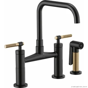 Modern Litze Bridge Kitchen Faucet – Square Spout & Knurled Handle in Matte Black/Luxe Gold Dual Finish