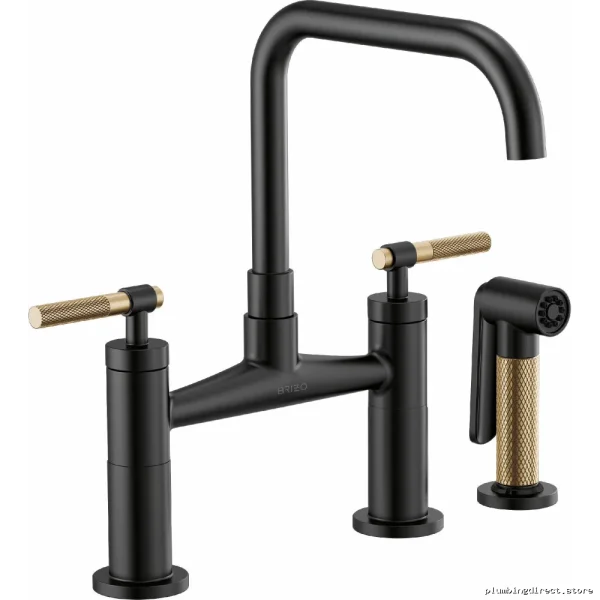 Modern Litze Bridge Kitchen Faucet – Square Spout & Knurled Handle in Matte Black/Luxe Gold Dual Finish