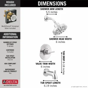 Nicoli 14 Series Chrome Tub & Shower Trim Kit (Valve Included) - 144749 Delta