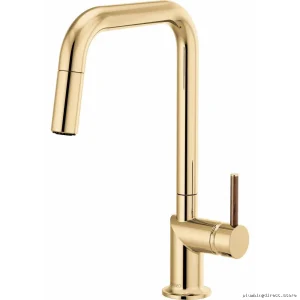 Odin Square Spout Faucet with Pulldown Spray - Slim Handles Polished Gold Finish