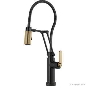 SmartTouch Articulating Kitchen Faucet, Finished Hose & Industrial Handle - Matte Black/Luxe Gold | Brizo