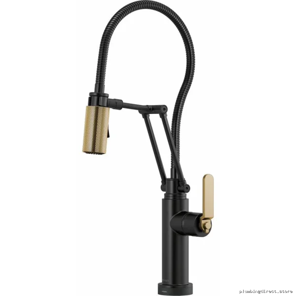 SmartTouch Articulating Kitchen Faucet, Finished Hose & Industrial Handle - Matte Black/Luxe Gold | Brizo