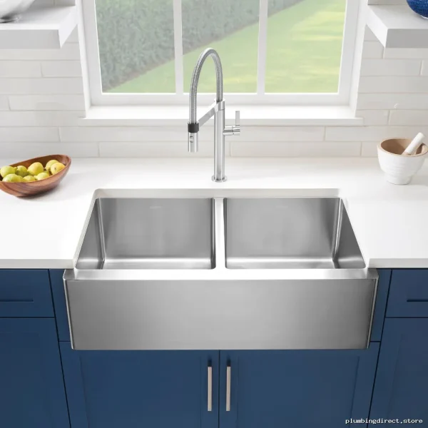 Stylish Stainless Steel Two Bowl Apron Front Sink by Quatrus in Blanco