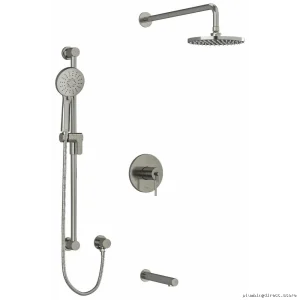 RioBel Brushed Nickel Tub & Shower Faucet Kit with Ceiling-Mounted Arm for Modern Bathrooms