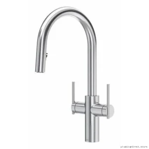 RioBel Stainless Steel Kitchen Faucet: Dual-Handle, C-Spout, Pulldown Spray LT801SS