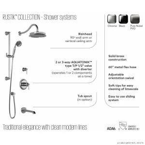 Rustik TD2 Thermostatic Shower System - Wall-Mounted Arm (Valve-Free), Pure Nickel Finish BF1520-125 Kalia