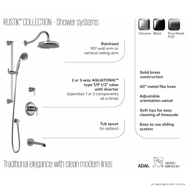 Rustik TD2 Thermostatic Shower System - Wall-Mounted Arm (Valve-Free), Pure Nickel Finish BF1520-125 Kalia