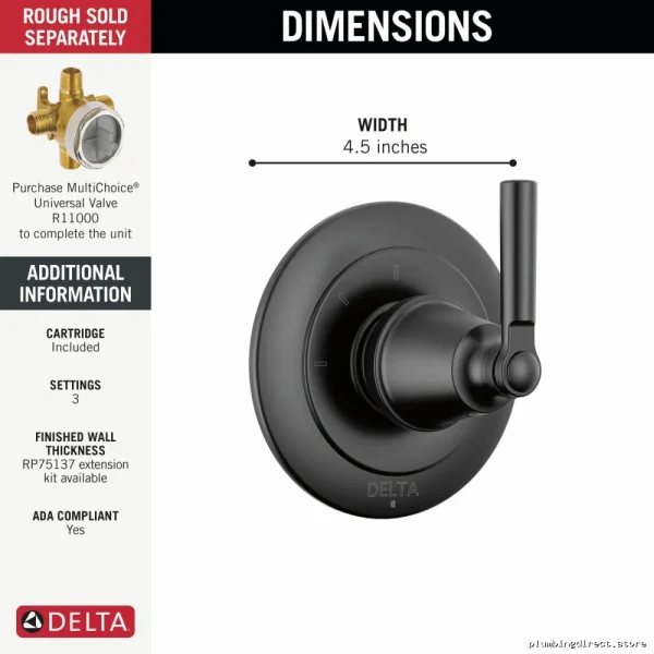 Saylor Adjustable 3-Setting Diverter Valve Trim - Matte Black Delta Diverters T11835-BL - Image 2