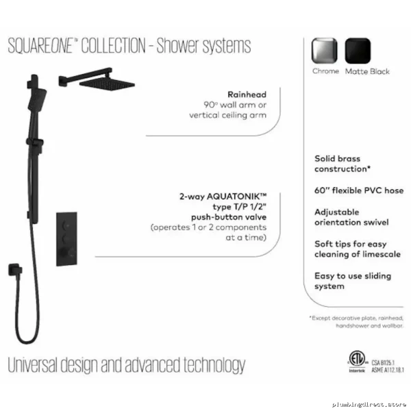 SquareOne TB2 Thermostatic Shower System with Wall-Mounted Push Button & Easy Temp Control - Chrome Finish BF2069-110