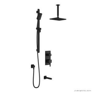 SquareOne Thermostatic Tub/Shower System with Vertical Ceiling Arm & Diverter Valve - Matte Black