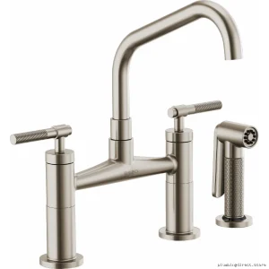 Stainless Steel Bridge Faucet with Angled Spout & Knurled Handle Design - Brizo 62563LF-SS