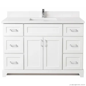 Stonewood 48" Modern Shaker Vanity - White Carrera Marble Top with Chrome Faucet & Classic White Cabinets